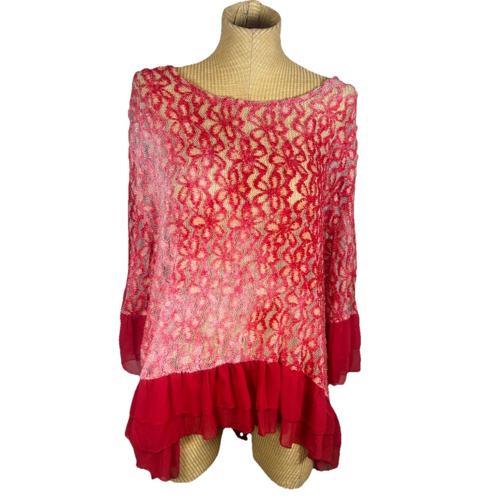 Umgee Women's Blouse Size Small Mesh‎ Sweater Ruffle Flower  Red Pink Valentines